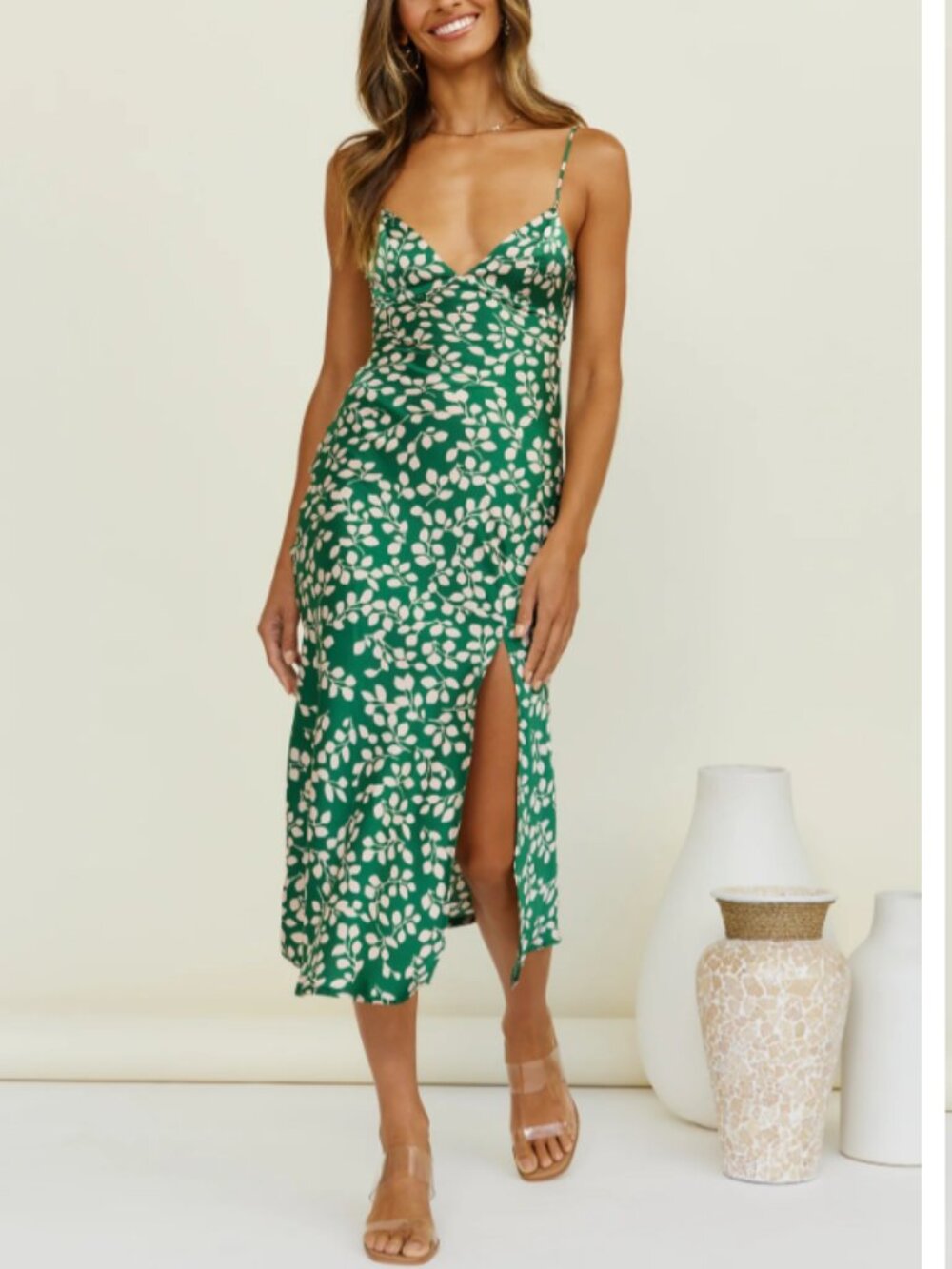 Hello Molly Climbing Vines Midi Dress Green Cream Slit Lace-Up Back Size Small 4